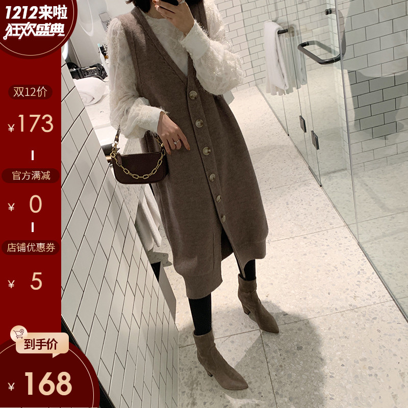 【现货闪发】于momo2019新款针织长款马甲外套女秋冬保暖针织开衫