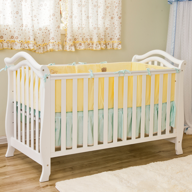 美式实木婴儿床可调节高度宝宝bb多功能儿童拼接大床环保无味白色