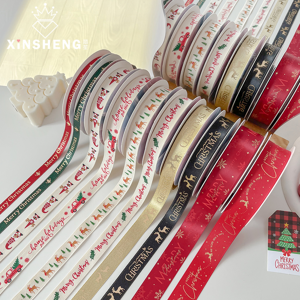 芯苼 新款圣诞丝带 烫金麋鹿彩绘缎带礼品涤纶带花艺包装资材绸带