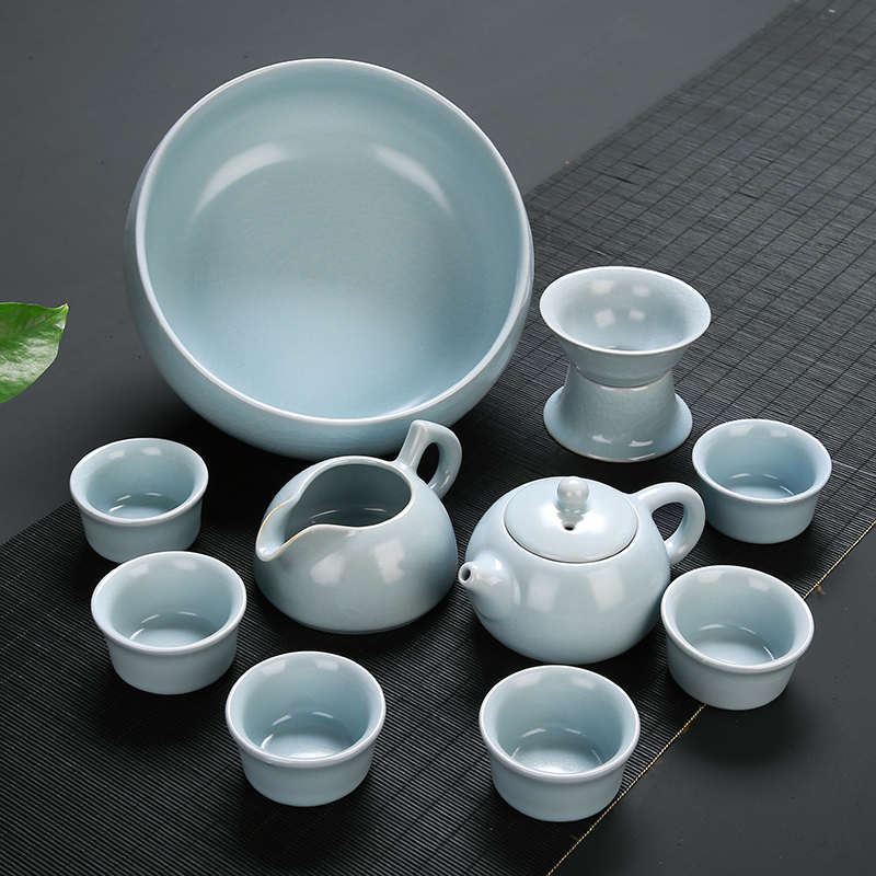 台湾汝窑功夫茶具套装 陶瓷茶壶开片可养茶杯纯手工汝瓷礼品礼盒
