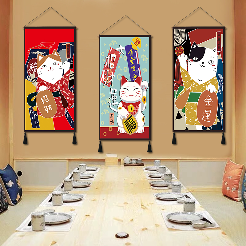 日式和风布艺挂画墙壁装饰画挂毯挂招财猫挂布壁饰壁挂料理店餐厅