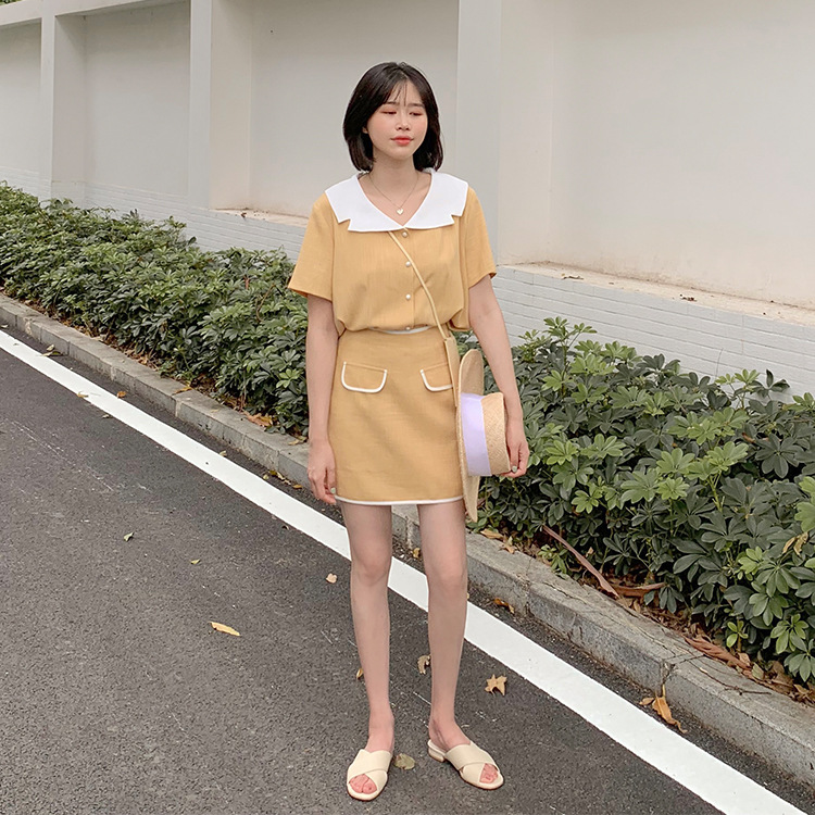 【Mirror】韩版小清新女装2019夏季新款短袖海军领衬衫上衣80870