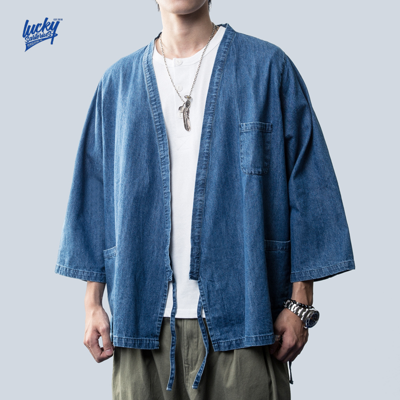 LuckySartorius 19A/W日系和服外套简约夹克浅色牛仔水洗道袍上衣