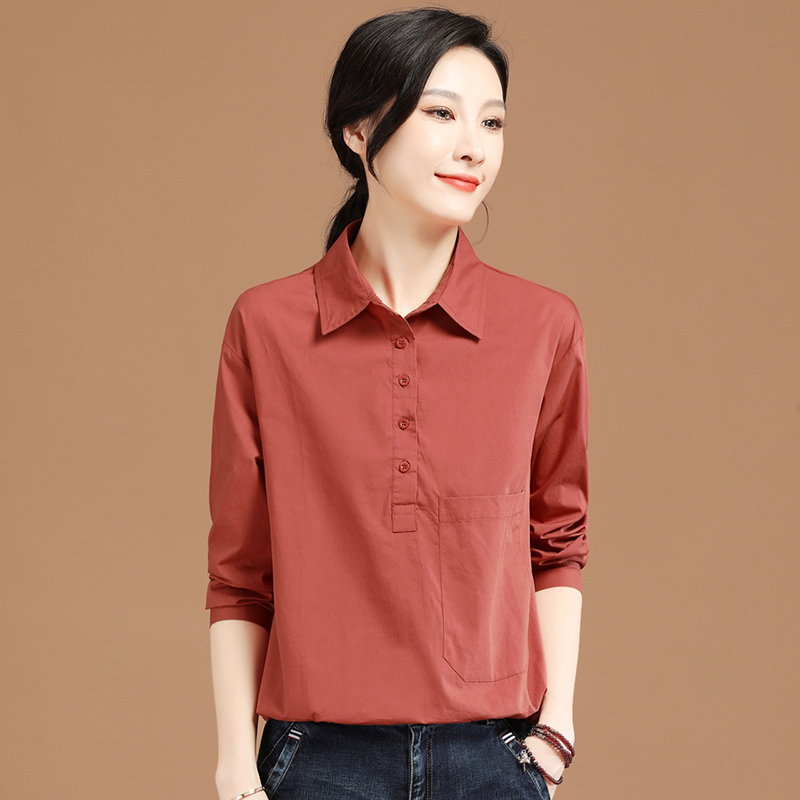 韩潮袭人POLO领红色长袖衬衣2022秋季新款女士衬衫设计感小众上衣