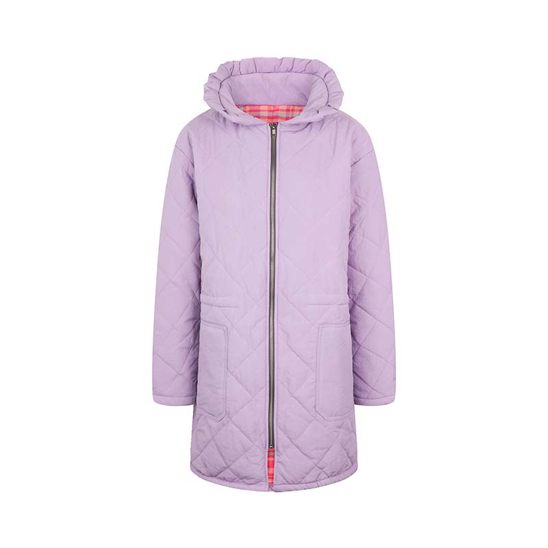 TACH 简约紫色女士荷叶领设计日常休闲中长款拉链棉服外套