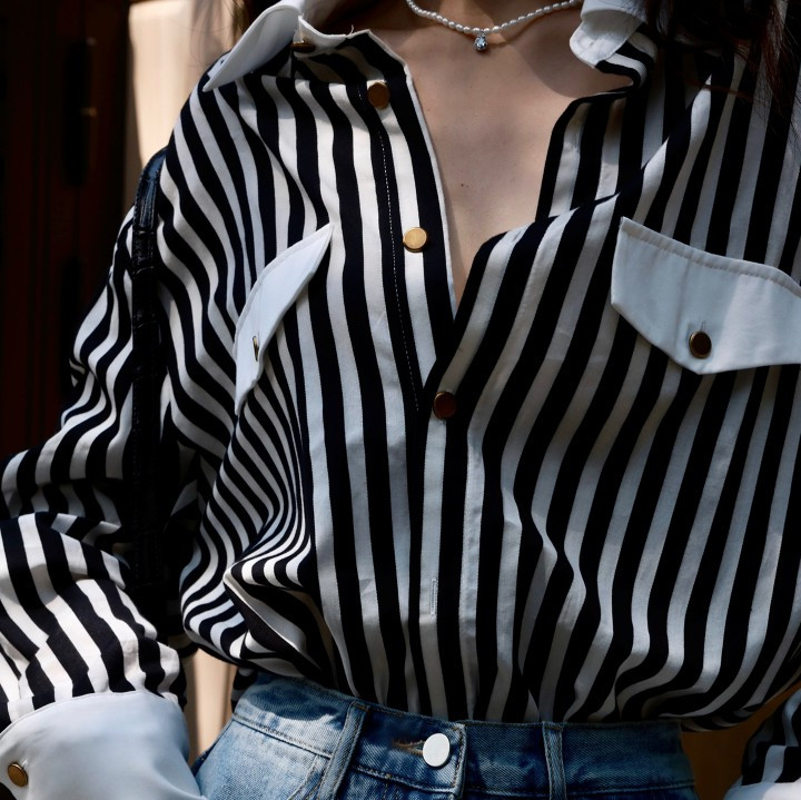 ALUONLINESHOP嵿級名媛的戰場ALU 私藏版 雙層法式袖口條紋襯衫