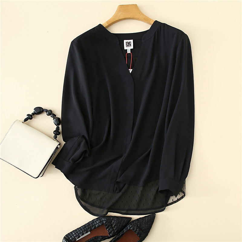 美单A~K春季女式长袖衬衫蕾丝拼接纯黑色加密雪纺衬衣V领宽松版88