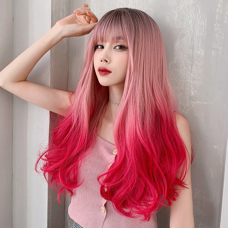 安娜罗七街皇后渐变色大波浪卷发时尚粉色渐变火红色人鱼粉假发