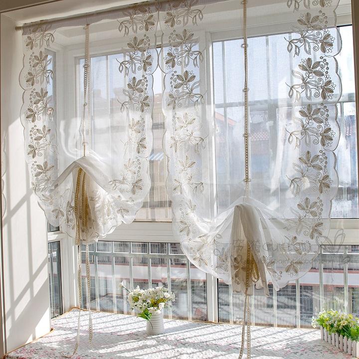鸢尾成品刺绣罗马窗帘提拉帘升降扇形帘 客厅阳台飘窗气球帘窗纱