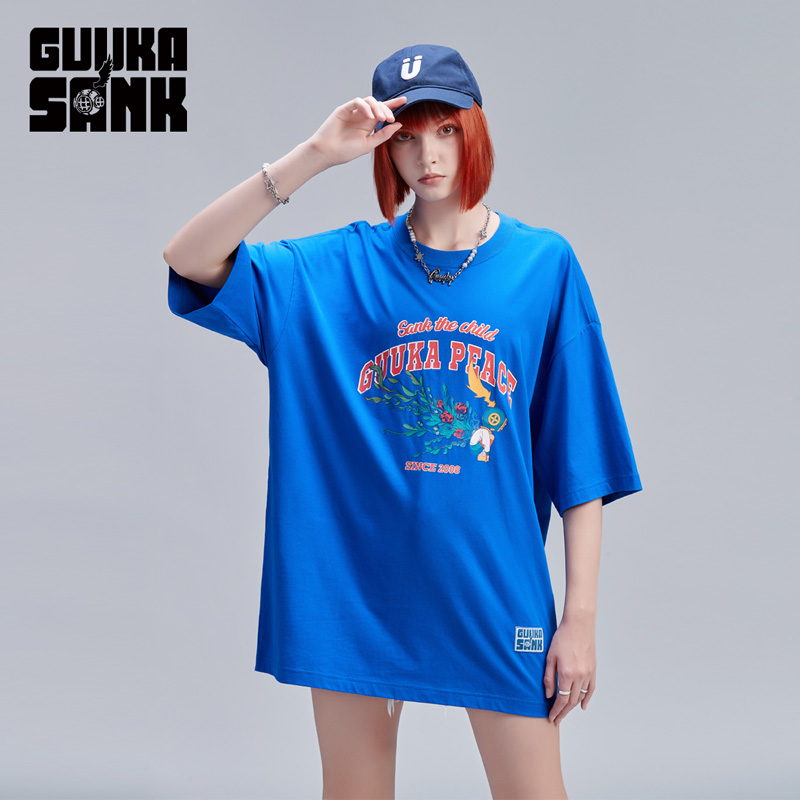 GUUKA&藏克联名潮牌克莱因蓝针织短袖女夏情侣嘻哈五分袖T恤宽松