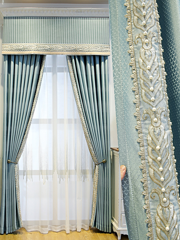 美式轻奢大气现代风蓝色仿真丝遮光加工客厅卧室落地窗窗帘定制