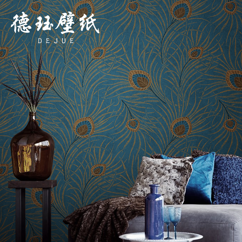 中式客厅卧室背景壁纸北欧蓝色孔雀羽毛墙纸无纺布复古东南亚风格