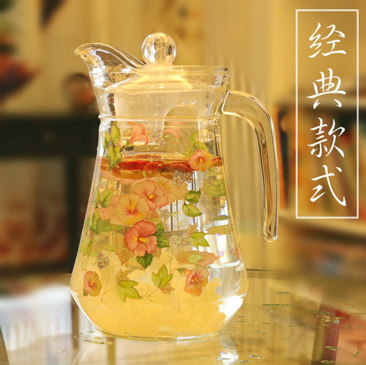 韩国高档玻璃印花水壶冷热两用防炸裂加厚玻璃耐高温茶水壶1.4L