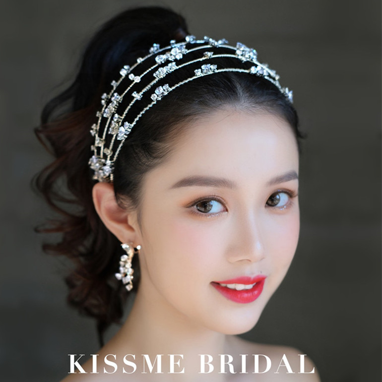 超仙韩版新款银色水钻多层发箍耳坠套装新娘结婚头饰写真跟妆造型