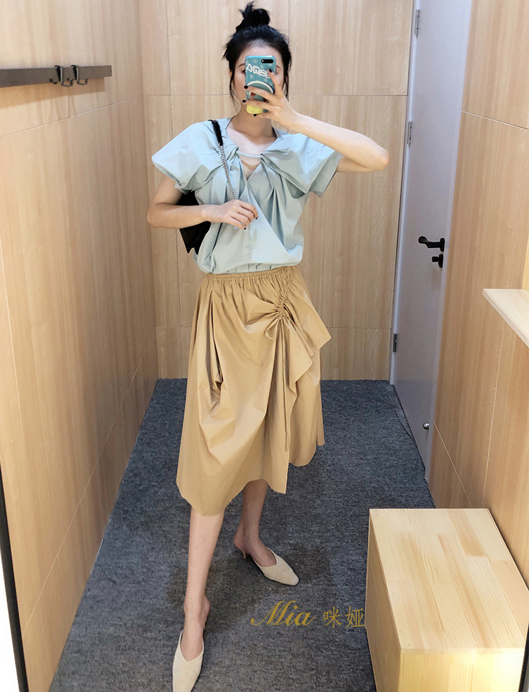 日本原单日系纯棉天蓝色帆布设计感简约ins风女上衣短袖T恤夏款