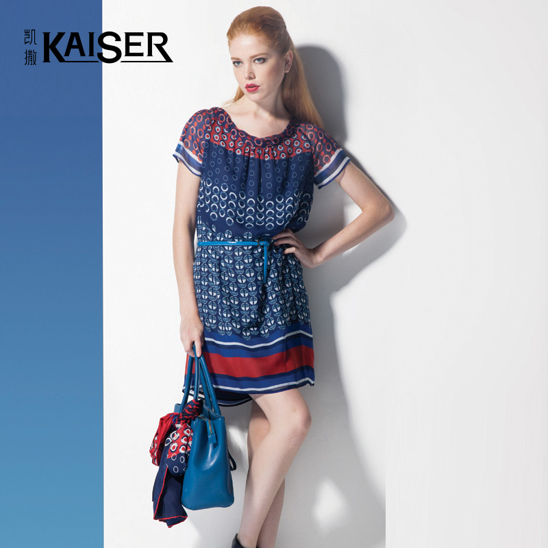专柜同款 KAISER凯撒夏季新款/宽松版圆点印花短袖连衣裙中裙